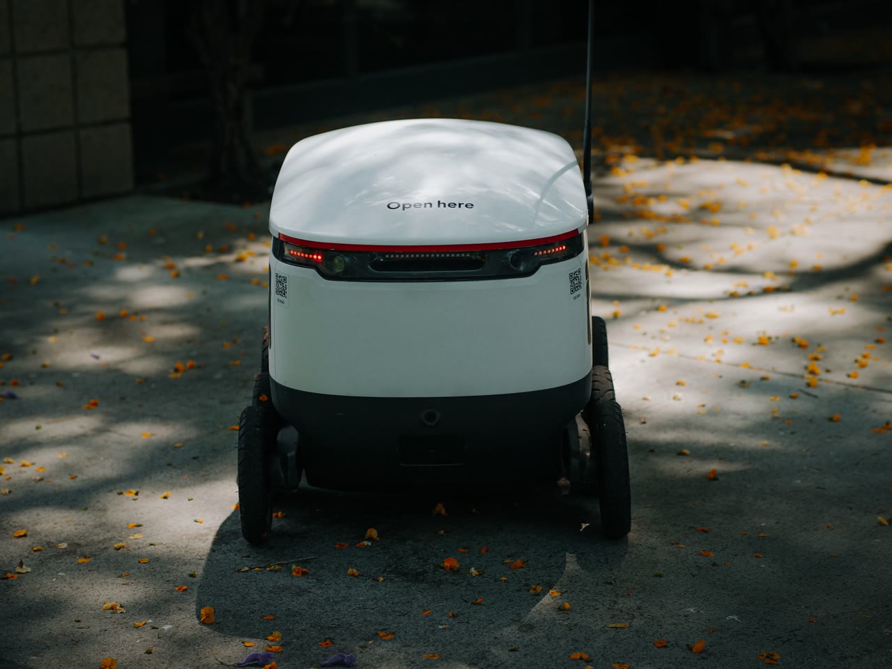 An unmanned delivery vehicle on a path