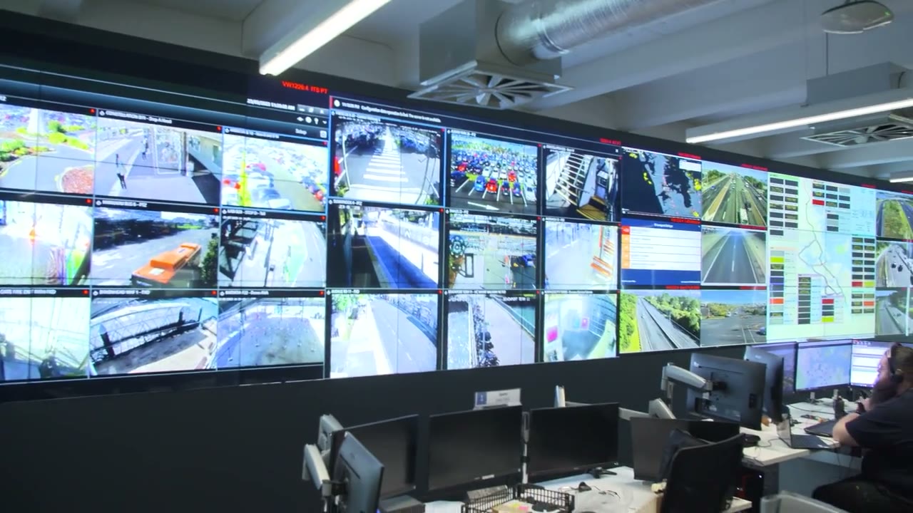 A situational-awareness control room with multiple observation screens