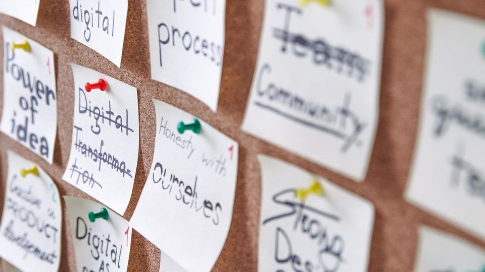 Coloured planning notes pinned to a board