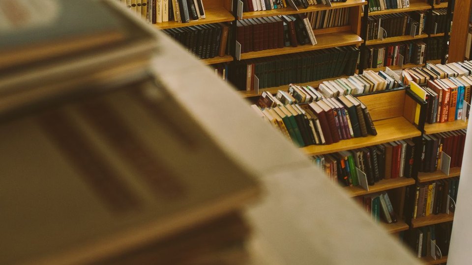 Bookshelves in a library