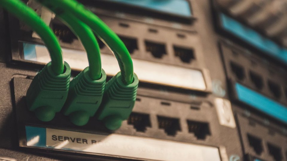 Green network cables connected to server ports